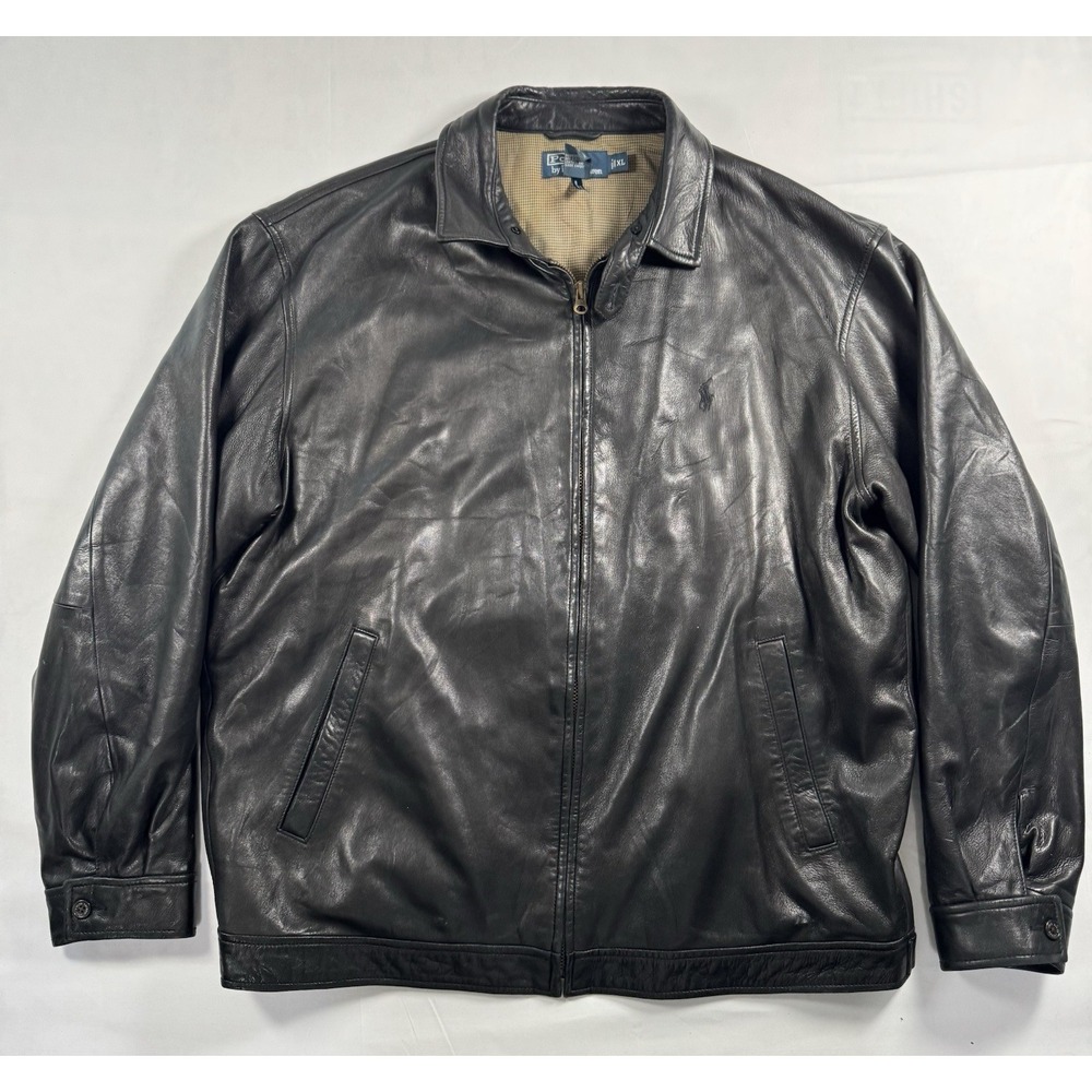 Polo Ralph Lauren Vintage Black Leather Jacket Mens XL Houndstooth Lined 90s
